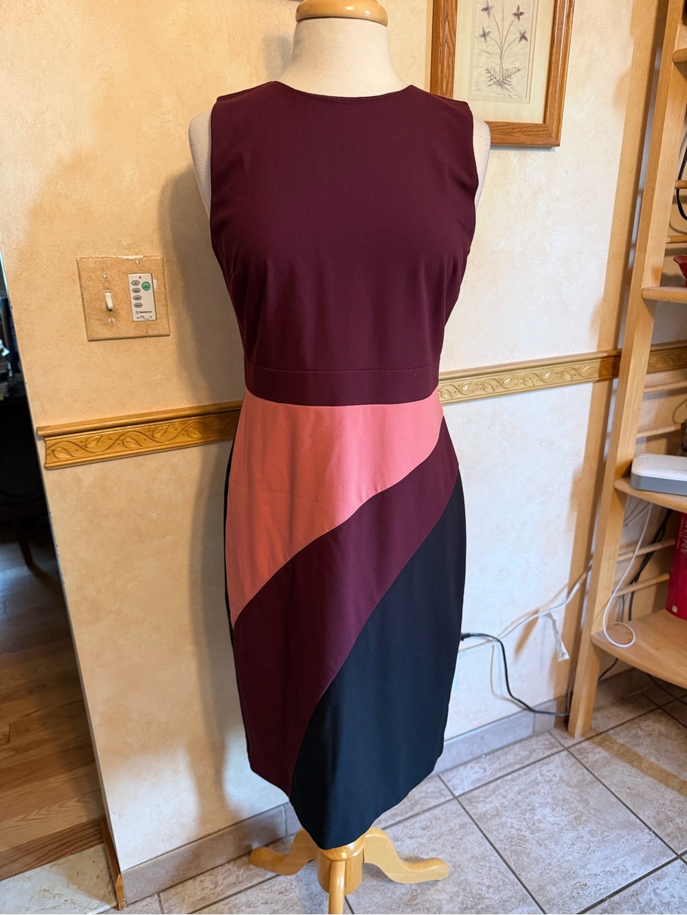 Ann Taylor Burgundy, Pink & Black Sleeveless Midi Sheath Dress